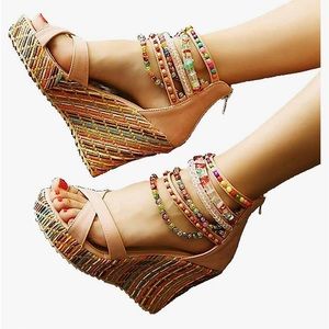 Women's boho wedge sandals with colorful beading. Never worn in box.